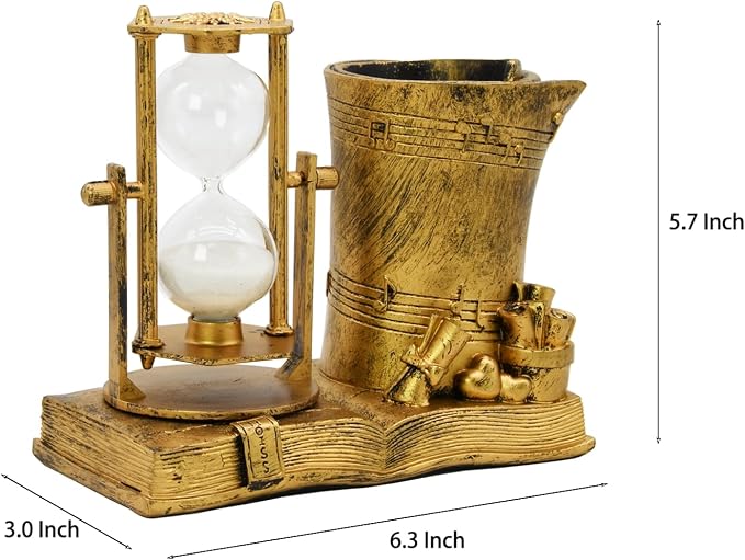 Owlgift Music-Themed Pencil Holder with Hourglass, Resin Desktop Organizer for Office & Study, Pen Holder with Sand Timer, Classic Addition Scissors Storage, Artistic Accessory Gift