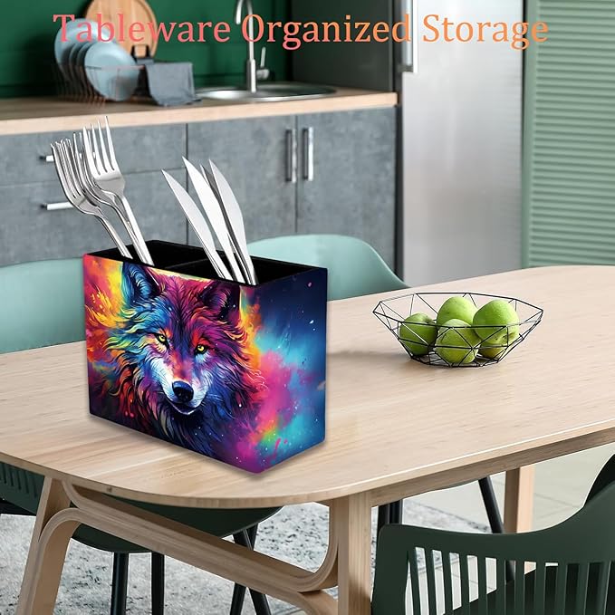 Pen Holder, Pencil Case, Makeup Brush Storage Box, Tableware Storage Box, Suitable for Office Or Home Item Organizing Stand - Colorful Space Wolf