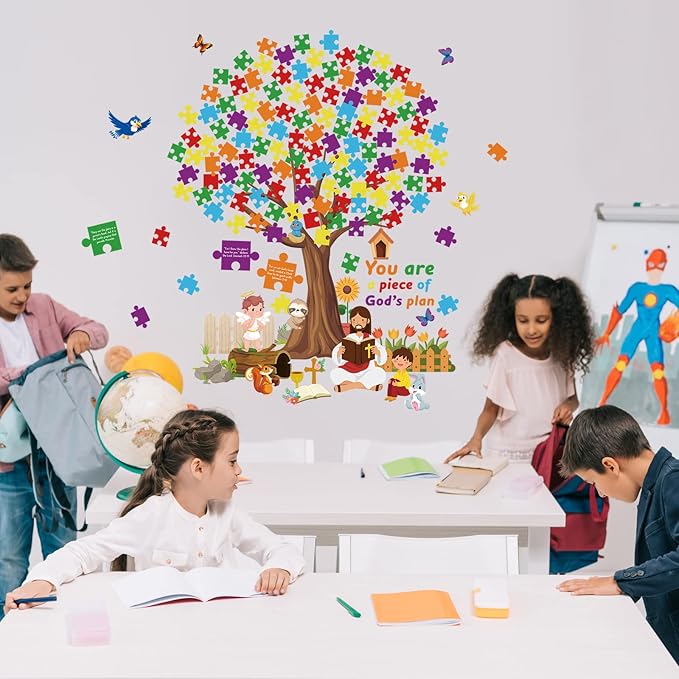 BBTO 155 Pieces of Christian Tree Bulletin Board Set The Gods Plan to Decorate Children's Sunday School, Religious Bible, Scripture Classroom, Cut Decoration, Blackboard Supplies (Puzzle Style)