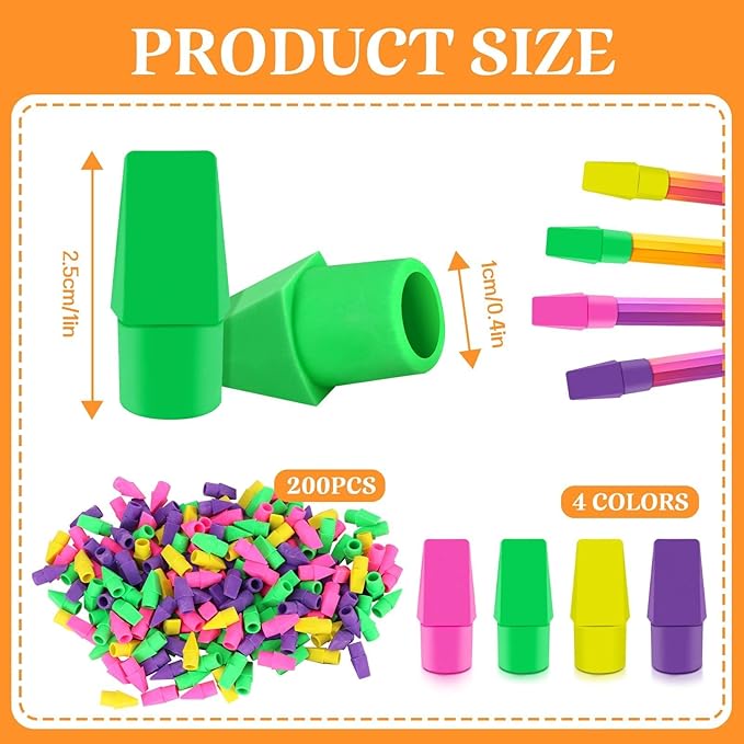 PRALB 200PCS Multicolor Pencil Top Eraser Bulk Caps for Pencils,Chisel Shape Erasers Toppers for Party Favors Games Prizes, Pencil Top Erasers Cap for Home School Classroom Office