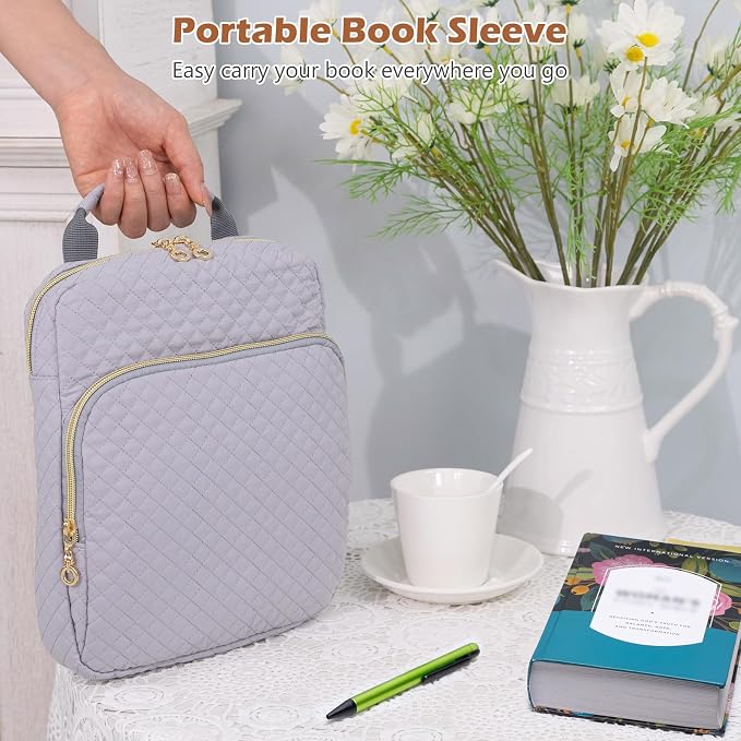 Book Sleeve with Zipper Book Pouch,Quilted Book Carrier, Book Covers for Book Lovers,Multi-Pocket Book Protector Case for Hardcover,Book Accessories, Bible Bags for Bible Study Supplies, AA Books