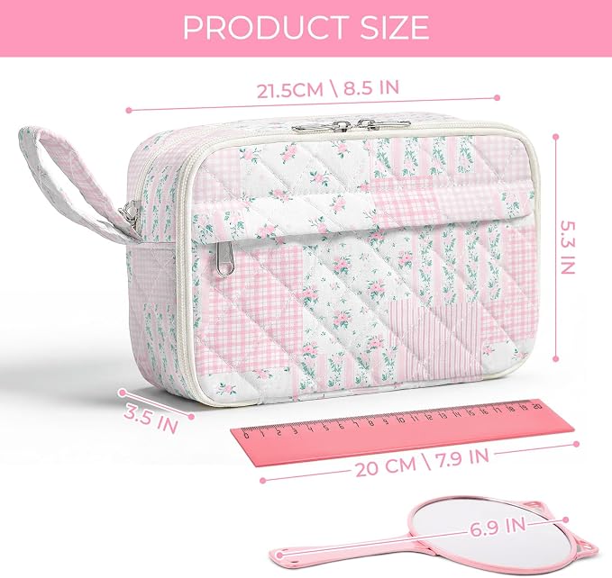 WOBAGMEN Quilted Pencil Pouch for Girls Women, Large Pencil Case Pouch with Compartments Cute Aesthetic Pencil Case Organizer, Floral Pencil Bag for School Supplies (Pink Floral pin)
