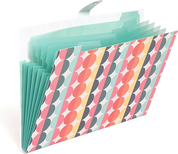 U Brands Poly 6 Pocket Expandable Folder with Tabs, Colorful Cubist, 1 Count, 1/5-cut tabs and 14 Blank Adhesive Labels