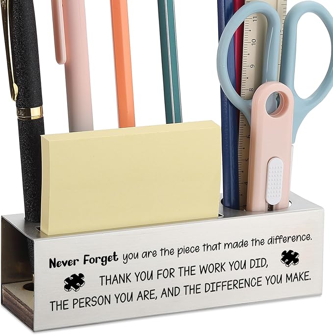 Thank You Pen Holder for Coworker Employee Teacher Friend, You Made the Difference Inspirational Desk Organizer, Appreciation Gift for Office Women Men, Laser Engraved Stainless Steel Plaque - FBA398