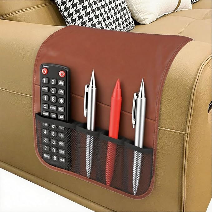 IPENNY No-Slip PU Leather Sofa Armrest Organizer, Remote Control Holder Arm Chair Beside Storage Bag for Recliner with 5 Pockets (Brown)
