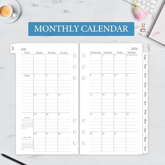 2026-2027 Weekly & Monthly Planner Refill, A6 Small Size Planner Inserts with Monthly Tabs, Size 3, 3.8"x6.8", July 2026 - June 2027, 6-Hole Punched