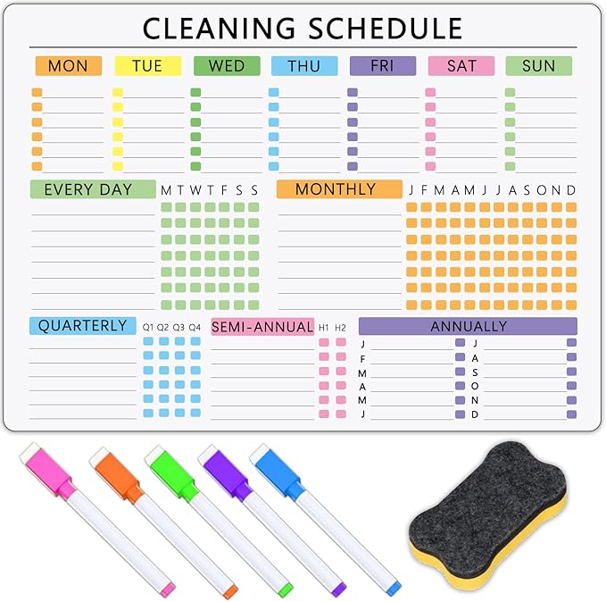 Cleaning Checklist Dry Erase Magnetic Whiteboard for Refrigerator – Daily, Weekly & Monthly Planner with 5 Highlight Markers & Eraser – Household Chore Schedule, Kitchen Organizer, Family Task Planner