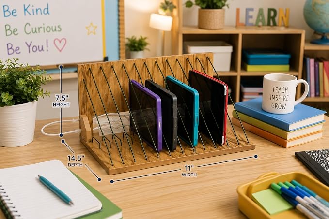Fun Express Wooden Storage Rack & Charging Station Organizer – Multi-Device Holder for Classroom, Office, or Home – School Supply Organizer for iPads, Tablets & Laptops – 14.5 x 11 x 7.5 Inches