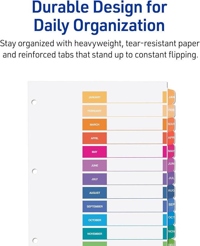 Avery Jan-Dec Dividers for 3 Ring Binders, 12 Tabs per Set, Customizable Table of Contents, Multicolor Tabs, Great for Organizing Reports, Projects, and More (6 Sets of 11830)