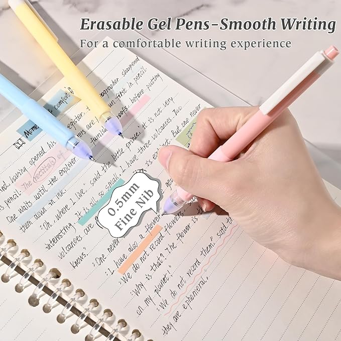 8Pcs Erasable Pens with Erasers, Retractable 0.5mm Fine Point Smooth Writing Black Ink Pen with Eraser, Aesthetic School Office Supplies for Journaling (Black Ink)