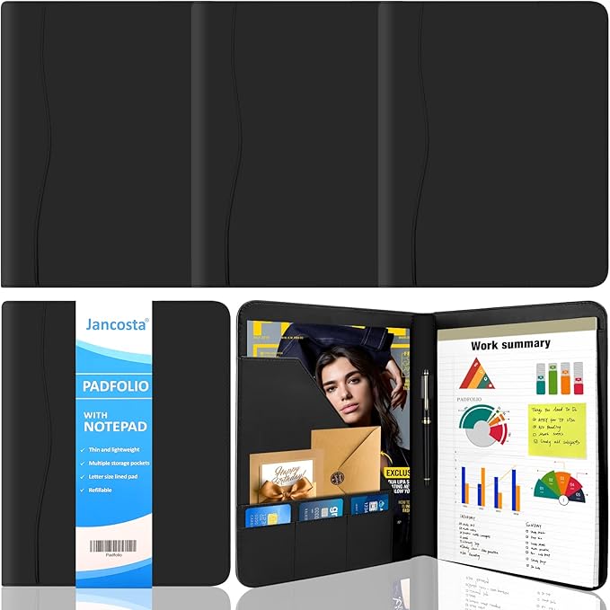 5 Pack Business Padfolio Portfolio Binder, Faux Leather Folio Folder, Resume Legal Document Organizer with Letter Size Writing Notepads (New Black 5 Pack)