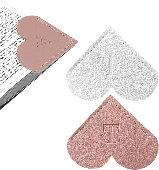 2Pcs Personalized Leather Heart Bookmark with Initial, 26 Letters Custom Corner Page Book Mark for Reading Women, Book Lovers, Teachers, Students, Cute Book Accessories Gifts(White+Pink, T)