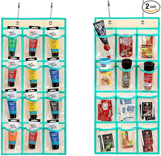 2 Pcs Classroom Pocket Chart Cell Phone Organizer Calculator Holder Over The Door Hanging Storage for Sock Underwear Jewelry with 12 Clear Pockets (Beige)