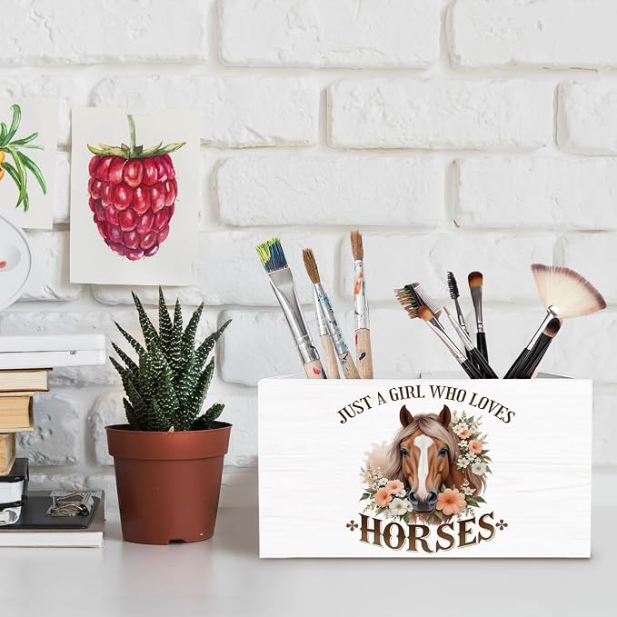 Rustic Floral Horse Pen Holder for Desk, Gifts for Horse Lovers Pencil Organizer, Just a Girl Who Loves Horses Wooden Box Sign Desk Decor for Home Office Decoration