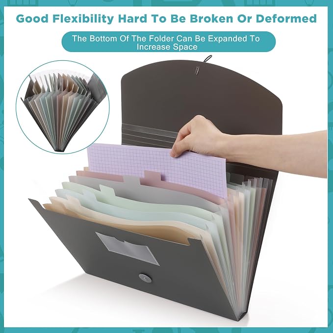 Cholemy Expanding File Folder 13 Pockets File Organizer with Labels A4 Letter Size Receipt Document Organizer Plastic Expandable Filing Folders for Office, Home(Gray)