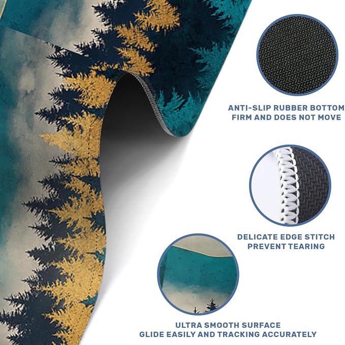 Golden Forest Desk Mat Gaming Mouse Pad Teal Mountain Moonlight Mist Mousepad Computer Keyboard Pad Mouse Mat Laptop Mat 31.5 x 11.8 Mouse Pads for Desk Home Office Gaming