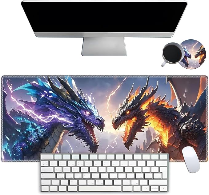 Mouse Pad Gaming Mousepad 31.5x11.8 Inch XXL Large + Coasters,Desk Mat with Stitched Edges, Non-Slip Rubber Base, Thick Mouse Pad for Computer, Laptop, Office & Home - Dragon