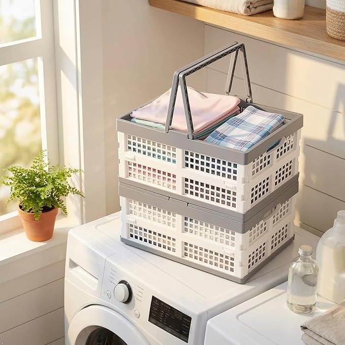2-Pack Plastic Foldable Storage Crates with Handles,15 L Plastic Collapsible Storage Shopping Crates