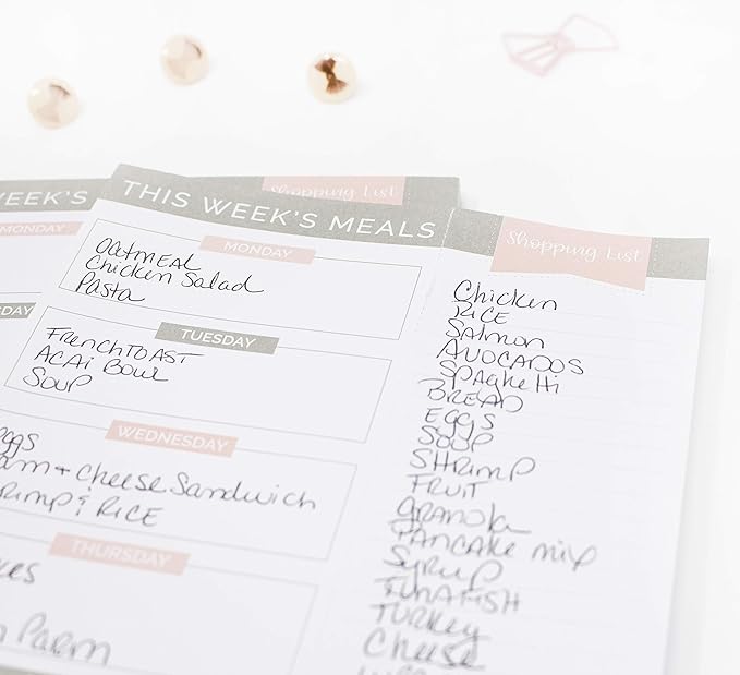 bloom daily planners Weekly Meal Planning Pad - Magnetic Hanging Refrigerator Menu Planner with Tear-Off Sheets & Perforated Grocery Shopping Lists - 6” x 9” (Grey & Pink)
