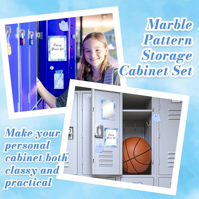 Denylo pro Magnetic Locker Marble Accessories Kit Blue Back to School Essentials Locker Organizer Supplies Include Mirror Whiteboard Pen with Holder Magnet Magnetic Buckle Back to School Essentials