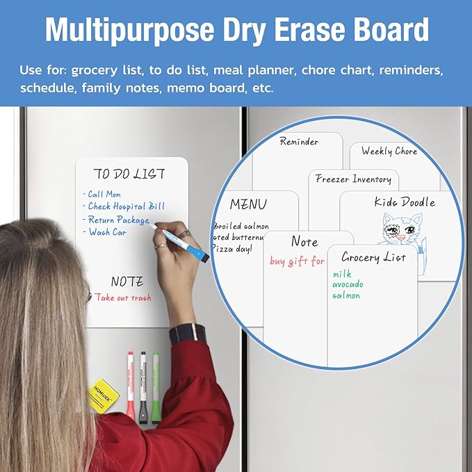 HOMiDEK Magnetic Whiteboard for Fridge, Small Refrigerator Magnet Dry Erase Board with 4 Markers & 1 Eraser, Reusable Blank White Board Sheet for Home, Office, School, Classroom Supplies - 8.5 x 14