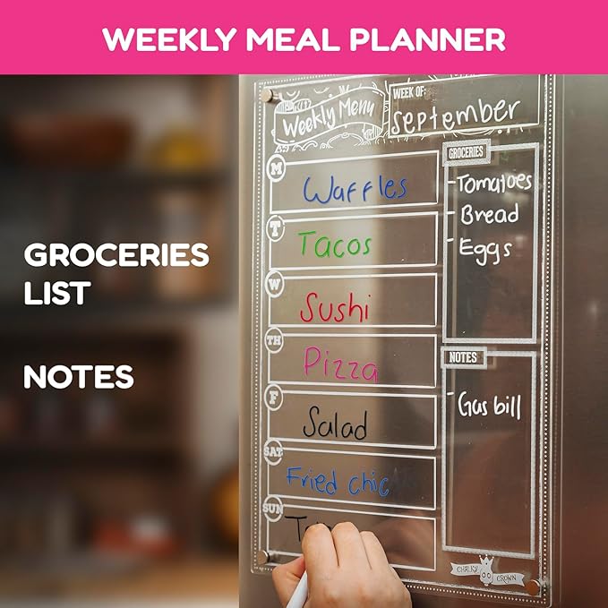 CHALKY CROWN Acrylic Magnetic Weekly Planner for Fridge - Menu Board for Kitchen with 8 Magnetic Markers - Weekly Meal Planner for Fridge with Grocery List & Notepad - Menu Planner (14.5x10.2)