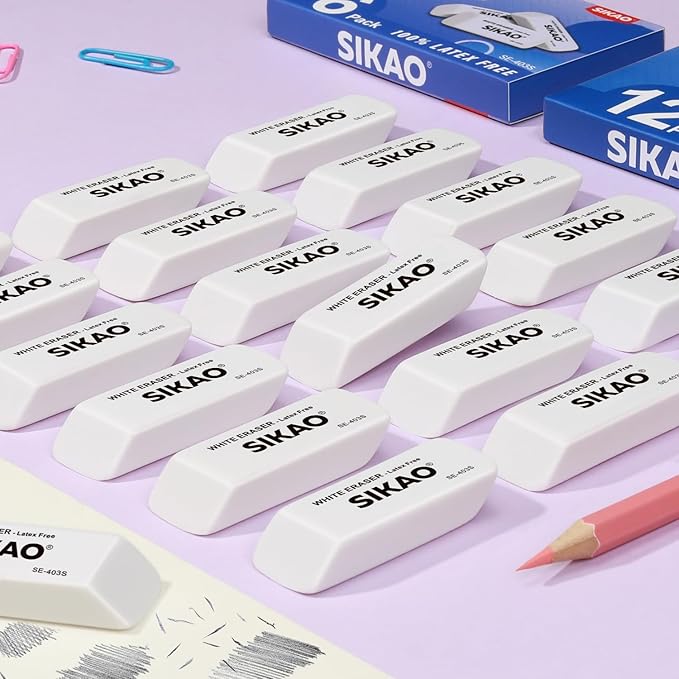 White Erasers, 12 Pack Pencil Erasers for Kids – Latex-Free & Smudge-Free Beveled Rubber Erasers for School Supplies, Classroom, Tests & Homework
