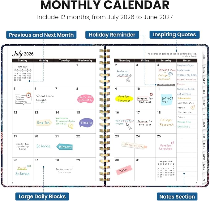 Planner 2026–2027, Academic Planner Weekly and Monthly Calendar Jul 2026 – Jun 2027 Hardcover Planner with Tabs and Pocket, Spiral Bound Agenda Book for Student & Teacher, 6.3" x 8.5", Ocean Murmur