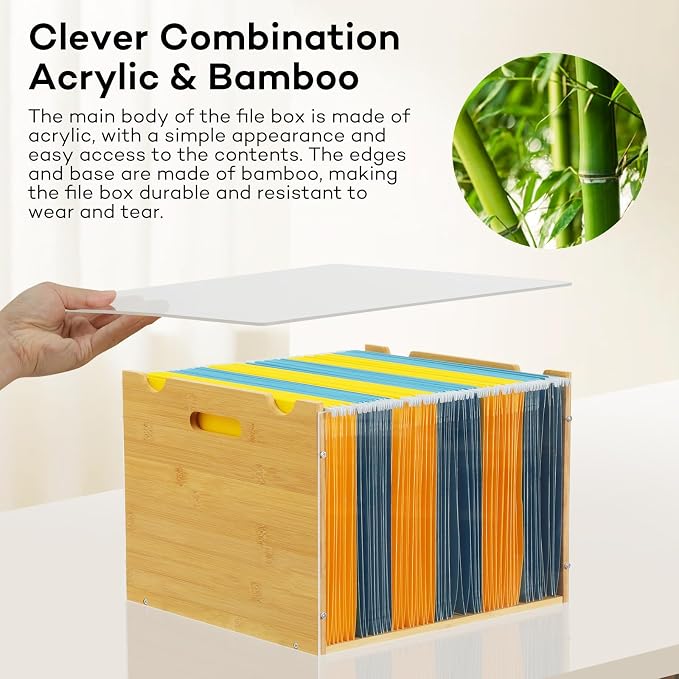Bamboo File Organizer Box with Lid, Hanging File Storage Box with Handle suitable for Home Office Desk Banker Document Letter Size