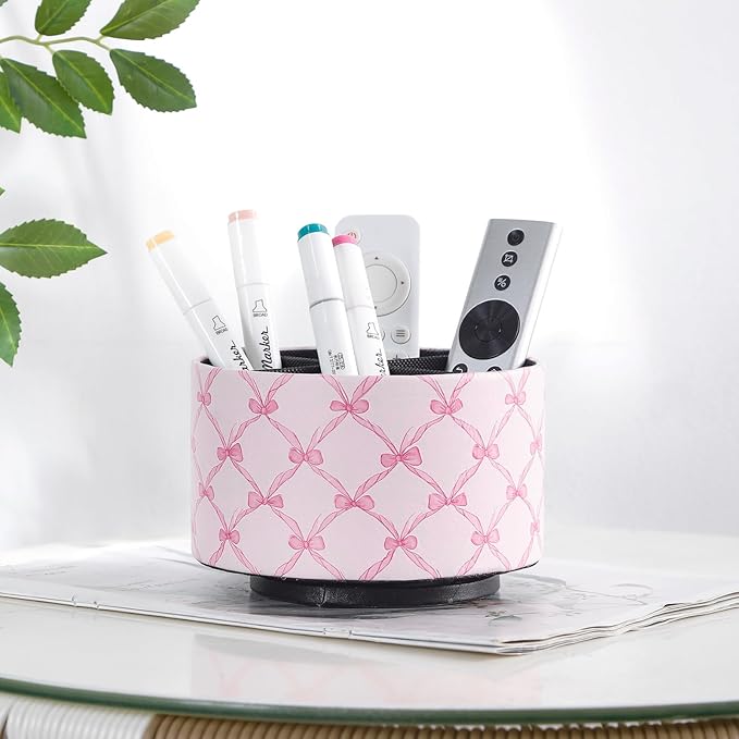 Cute Rotating Table Remote Control Holder, 360 Spinning PU Leather Remote Organizer and Makeup Brush Holder, Aesthetic Room Decor Storage Caddy for Nightstand, Pink Bow PH131