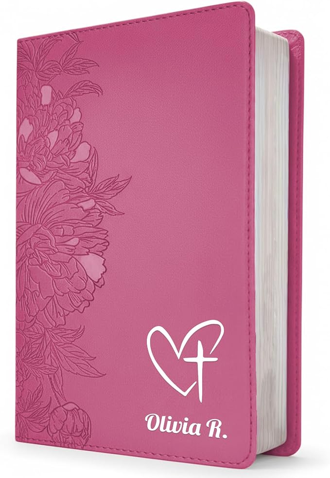 Personalized NLT Bible, Peony Pink Leatherlike, Red Letter, Personal Size Giant Print, Add Your Name