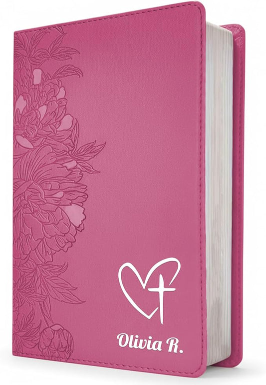 Personalized NLT Bible, Peony Pink Leatherlike, Red Letter, Personal Size Giant Print, Add Your Name