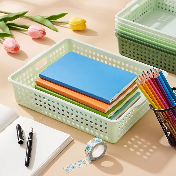 Green 6 Pack Plastic Classroom Paper Baskets, Turn in Trays, Organizing Desk Tray for A4 Papers, Classroom Storage Turn in Bins, for Teachers and Students, Office Desk Room Trays