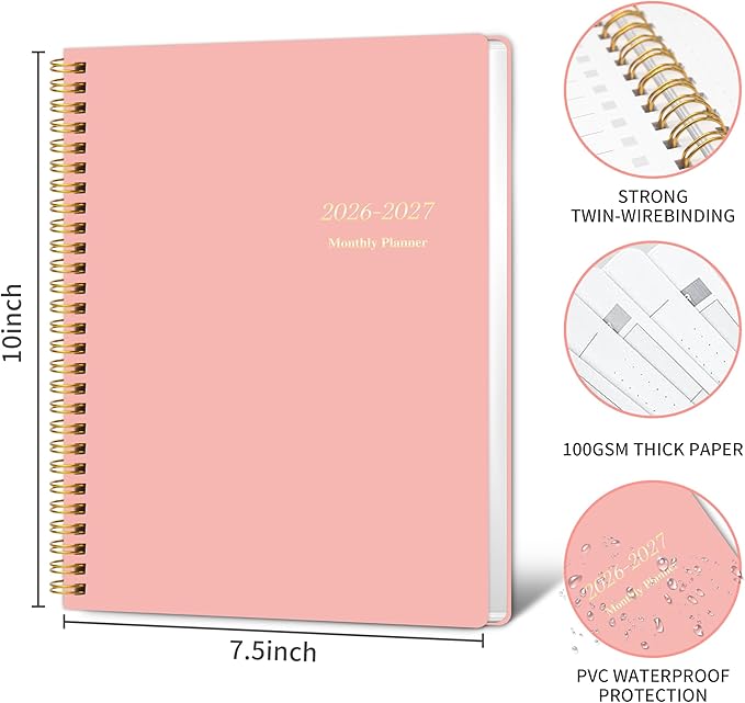 KMQOY Monthly Planner 2026-2027, 2026 Calendar 24 Months Planner, Jan 2026 - Dec 2027, 7.5"x10", Personal Calendar with Monthly Goals, To-Do List, Habit Tracker, 2 years for School Office Home Planning(Pink)