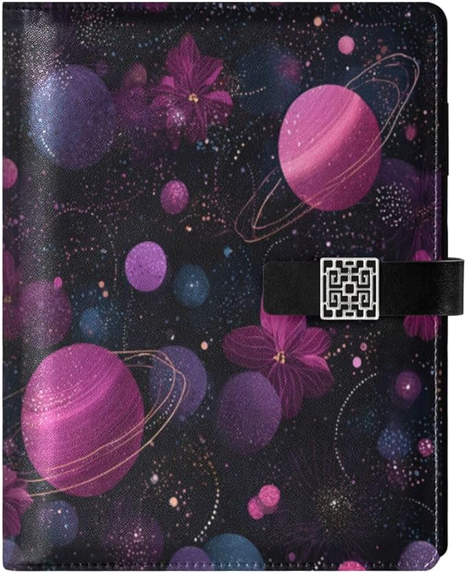 Cosmic Floral Planetary Design PU Leather Notebook A5 Binder 6 Ring Refillable Journal with Magnetic Buckle Closure Loose Leaf Travel Office Planner Budget Binder Notepad Portfolio,