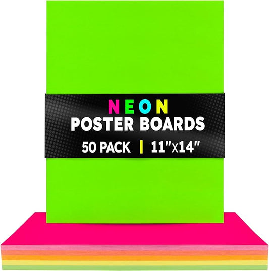 Hygloss Medium Poster Board 11x14 - 50 Assorted Neon Color Bulk Pack - 10 Pt. Thickness Colored Poster Board Paper for Projects, Signs, Displays - Posterboard Multipack 11" x 14"