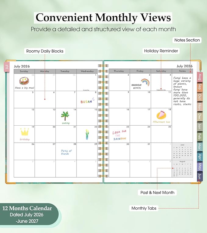 Academic Planner 2026-2027, Hardcover Leather Weekly and Monthly Calendar Planner from July 2026 - June 2027, A5 6.1" x 8.2" Daily Agenda with Tabs, College School Organizer for Student Teacher, Slate (Marble)