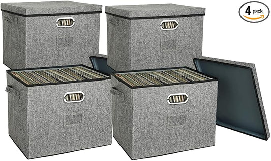 12-Inch Vinyl Record Storage Boxes with Lids and Handles, Stylish and Practical LP Record Organizer for 100+ Single Records, Suitable for Living Room, Study, Concert Hall or Office,4-Pack
