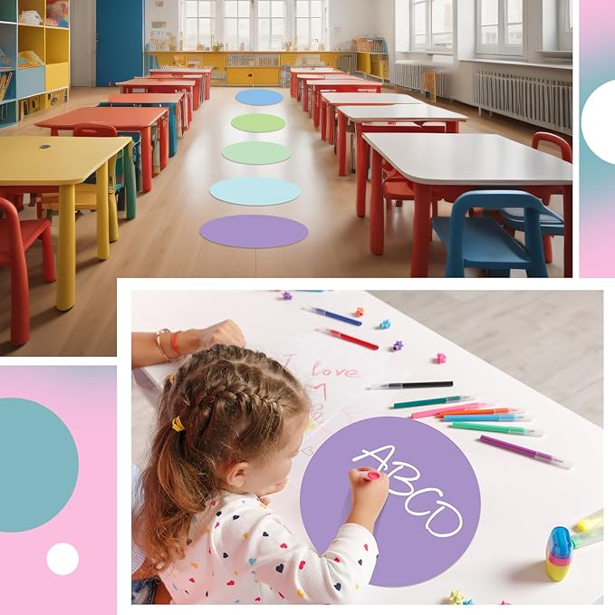 Lincia 24 Pack Erase Dots Circles Colorful 10.5 Inch Removable Vinyl Spot Dry Erase Desktop Writing Spots Set for Classroom Desk Wall Table Teacher Students School Home Desk Wall(Macaron)