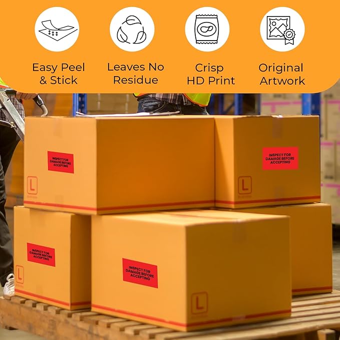 StickerJet Inspect for Damage Before Accepting – Warehouse Receiving Labels – 3"x5" Rectangle Labels – 500 Qty/Roll – Paper, Easy Peel and Stick, Strong Adhesive, No Residue, Made in USA