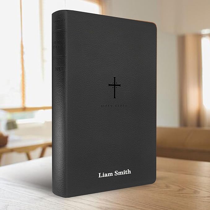 Personalized NLT Bible New Living Translation Thinline Faux Leather Holy Bible with Custom Name in Silver | Large Print | Custom Gift for Religious Celebrations | Black