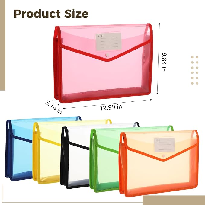 6Pcs A4 Expanding File Folders,Plastic Pocket Folders Accordion Document Organizer with Snap Button Closure, 3.14 in Wide Capacity,File Pouch with Label Pocket