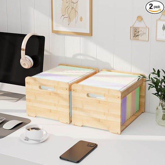 2 Pack Bamboo Hanging File Organizer, Office Desk File Organizer for Letter Size, Wood Hanging File Folders Organizer Record Holder Storage Stand Bookshelf Easy Assembly, Natural