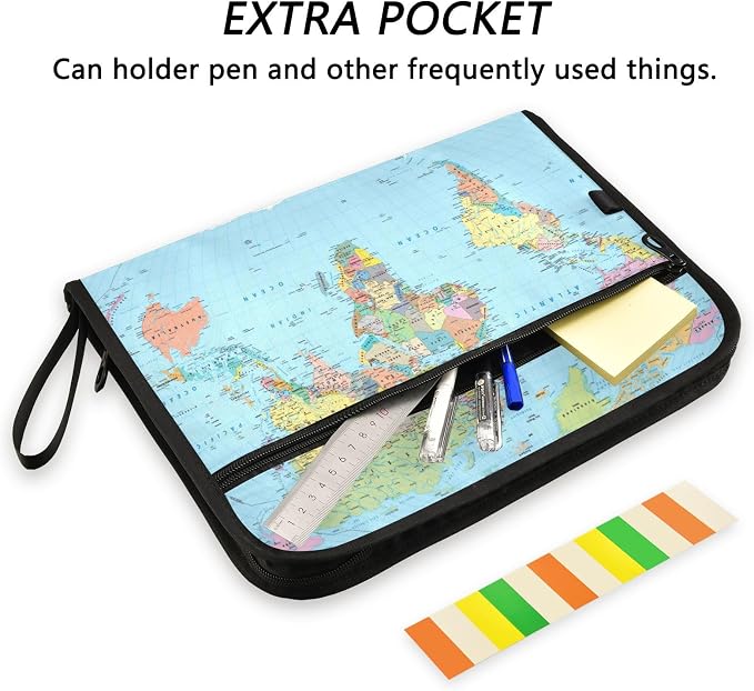 World Map Borders Countries Roads Expanding File Folder with Sticky Labels, 13 Pockets Accordion File Folder Document Organizer Expandable Zip File Folder with Zipper Closure