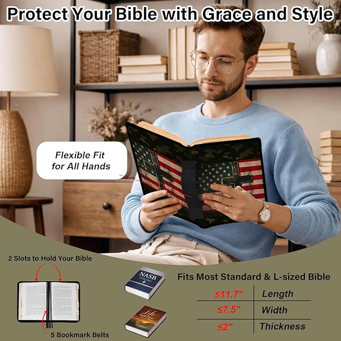 Flag Cross Large Bible Bag for Men with Bible Case, Bible Cover Study Supplies Journaling Kit Book Carrying Case with Highlighter Tabs, Christian Gift for Women Men - American Camouflage