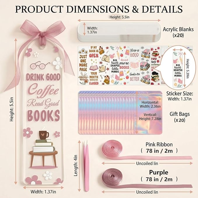 Acrylic Bookmark Blanks, 86 Pcs DIY Bookmark Making Kit with Organizer Box, 1.37x5.5 Clear Acrylic Bookmarks, UV DTF Decals, Make Your Own Bookmarks for Women & Book Lovers (Book Soul)