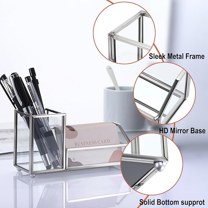 Hipiwe Glass Business Card Holder Metal Pen Pencil Storage Holder for Desk Clear Business Card Display Organizer Case for Office Home,2 Slots,Silver