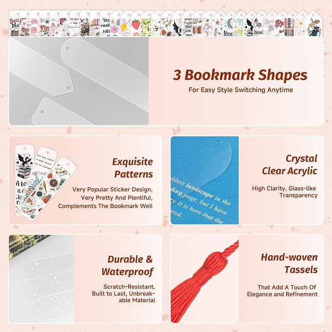 120Pcs Acrylic Bookmark Blanks Kits, Clear Acrylic Book Marks for Reading Women,30Pcs Blank Bookmarks with 30PCS Booklover Theme UV DTF Stickers and 30 Color Tassels for DIY Bookmarks Gift