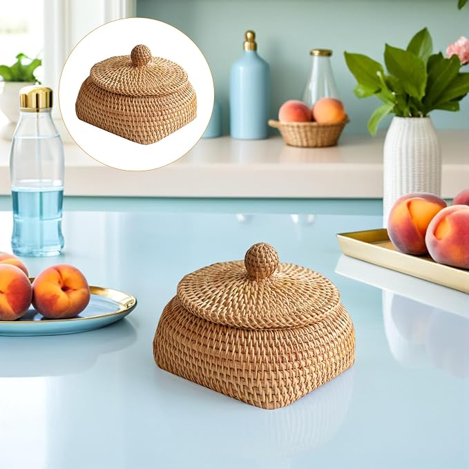 Cabilock Woven Rattan Remote Control Storage Box 5.9X5.9X3.14 Inch Desktop Organizer Basket for Home Sundries Tabletop Tidying