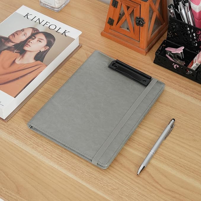 Wonderpool A5 PU Leather Clipboard Partfolio Notepad Forms Holders Document Case - Interview Planner Meeting Writing Padfolio File for Office Travel School Hotel (Grey, A5)